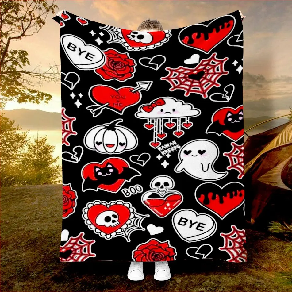 

Кавайное одеяло на Хэллоуин, готическая тема любви, сердце, паутина, дизайн, мягкий флисовый плед, домашний декор, идея подарка, милый жуткий, уютный, теплый