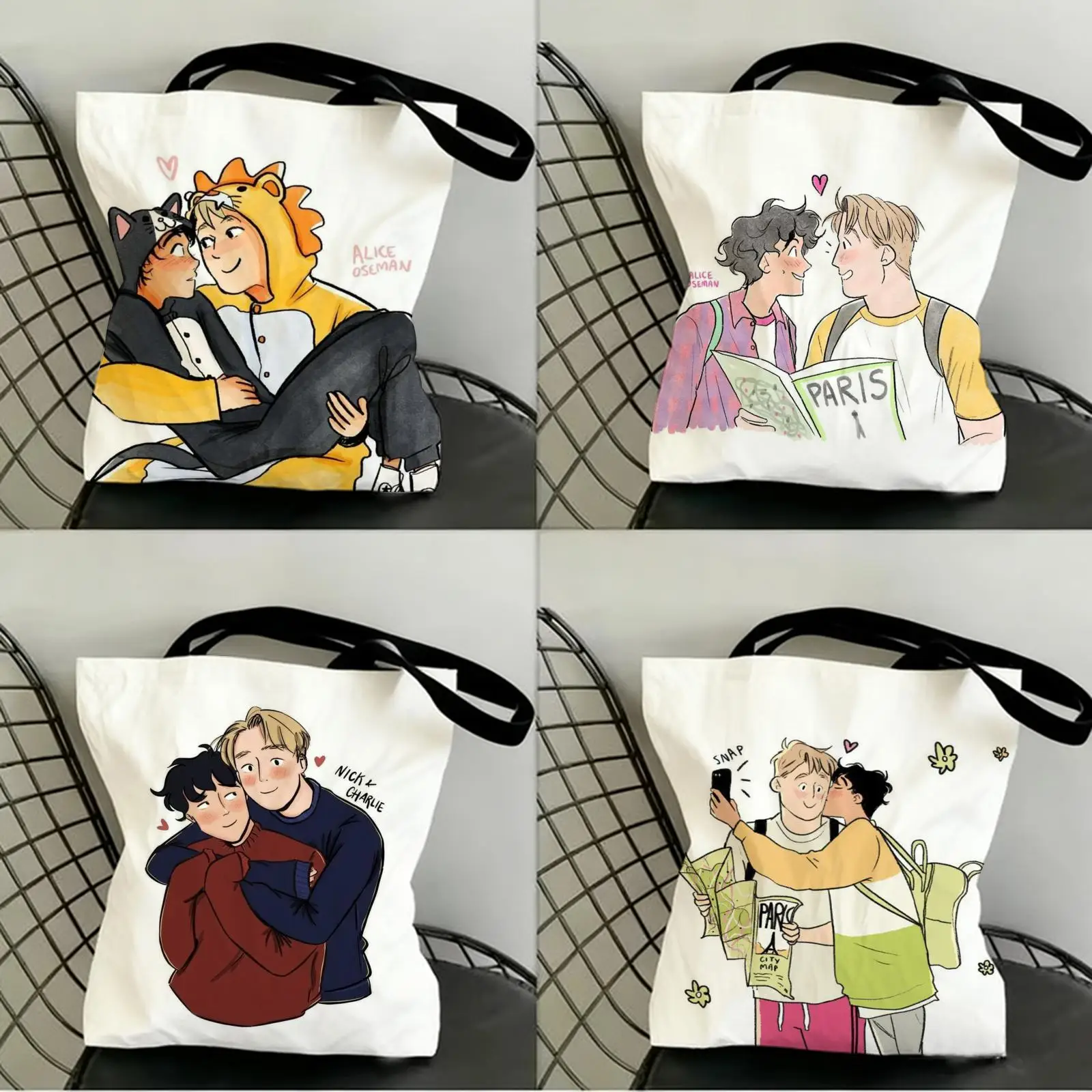 

Cartoon H-HeartstopperS Storage Bags Canvas Double-Sided Print Shopping Bag Large Capacity Aesthetic Reusable Tote Bag
