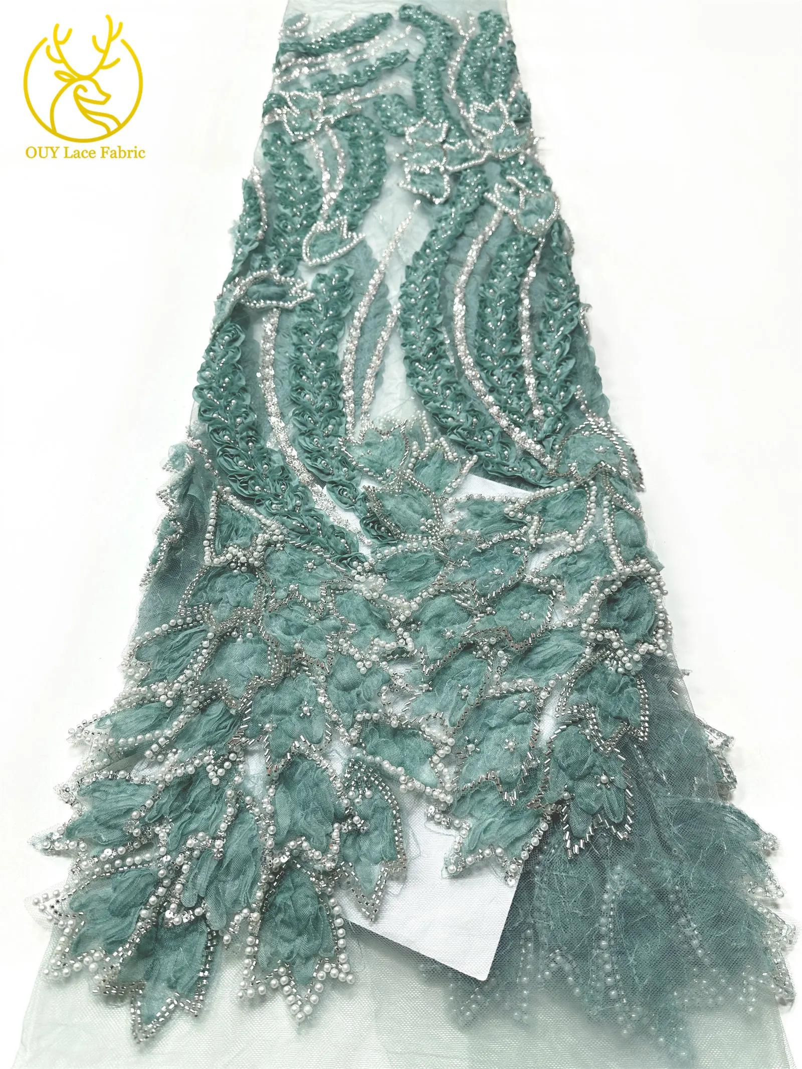 Französischer Luxus 3D-bestickter Perlen-Spitzenstoff, 5 Yards, eleganter afrikanischer nigerianischer Pailletten-Spitzenstoff für Damen, Hochzeits- und Partykleid – Detail 13