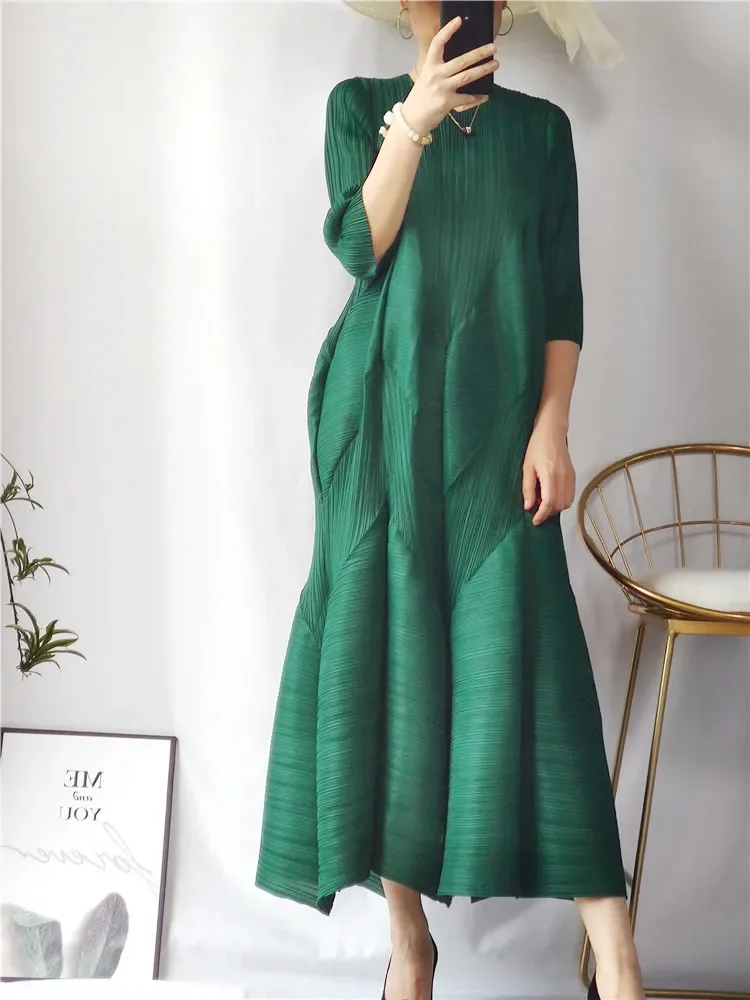 Miyake Pleated Bud Dress 2023 Spring Summer Lantern Long Dress Plus Size New Loose Bud Dress Causal Elegant Aesthetic Clothes