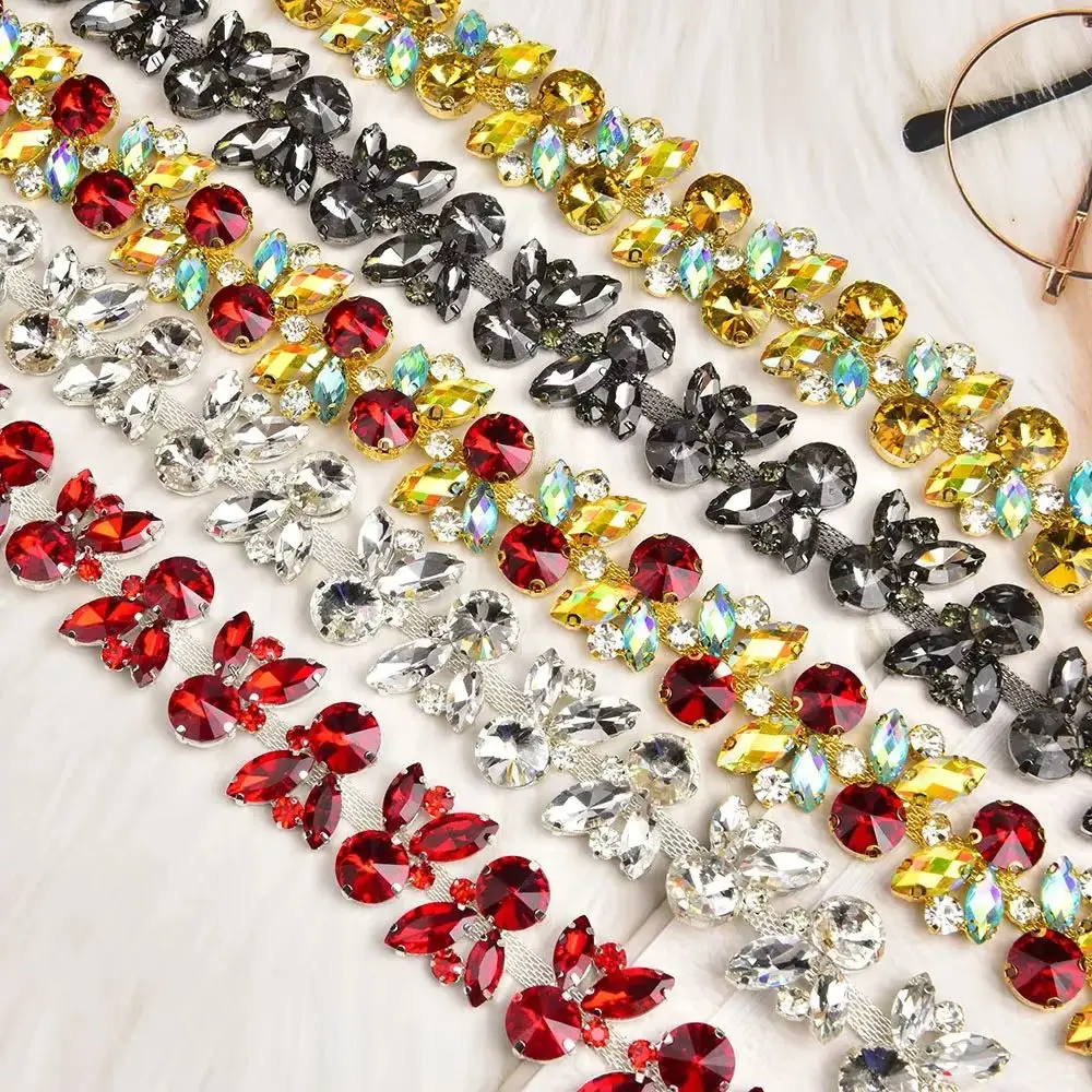 

Vintage Red Glass Diamond Chain Horse Eye Shape Banding Colorful Rhinestone Trim Applique Diy Ornament Clothing Belt Accessories