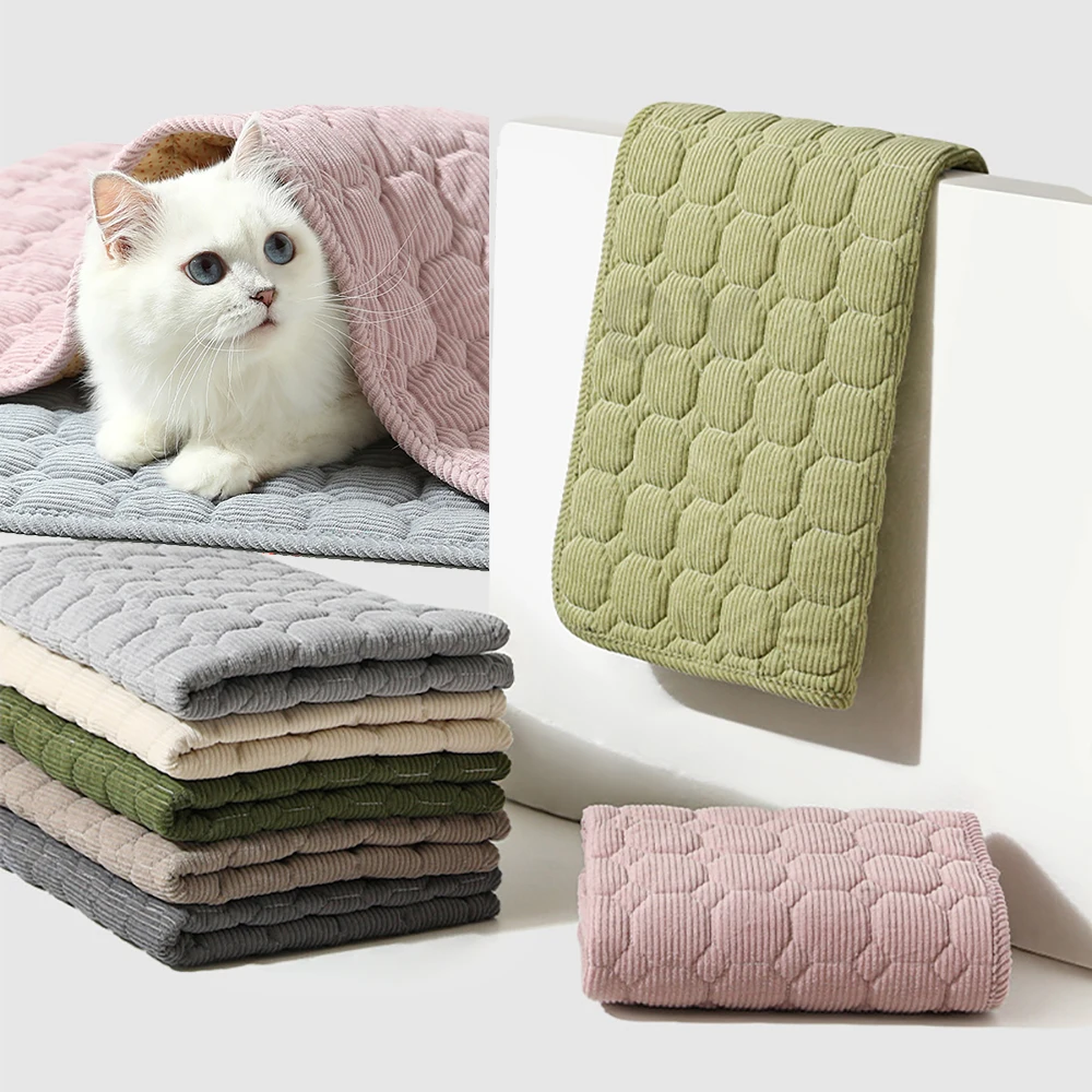 Warm Corduroy Dog Bed, Fluffy Plush Reversible Pet Mat for Winter, Foldable Travel Crate Pad for Cats and Dogs, Soft Fleece