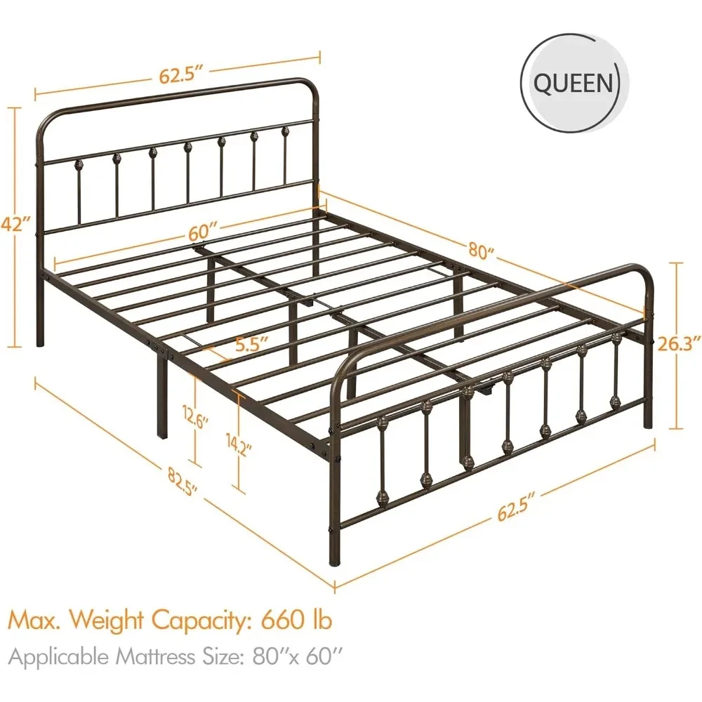 Rozmiar Queen z zagłówkiem żelaznym, podnóżek, schowek pod łóżkiem, metalowa łóżko z pełnymi bokami rama materaca