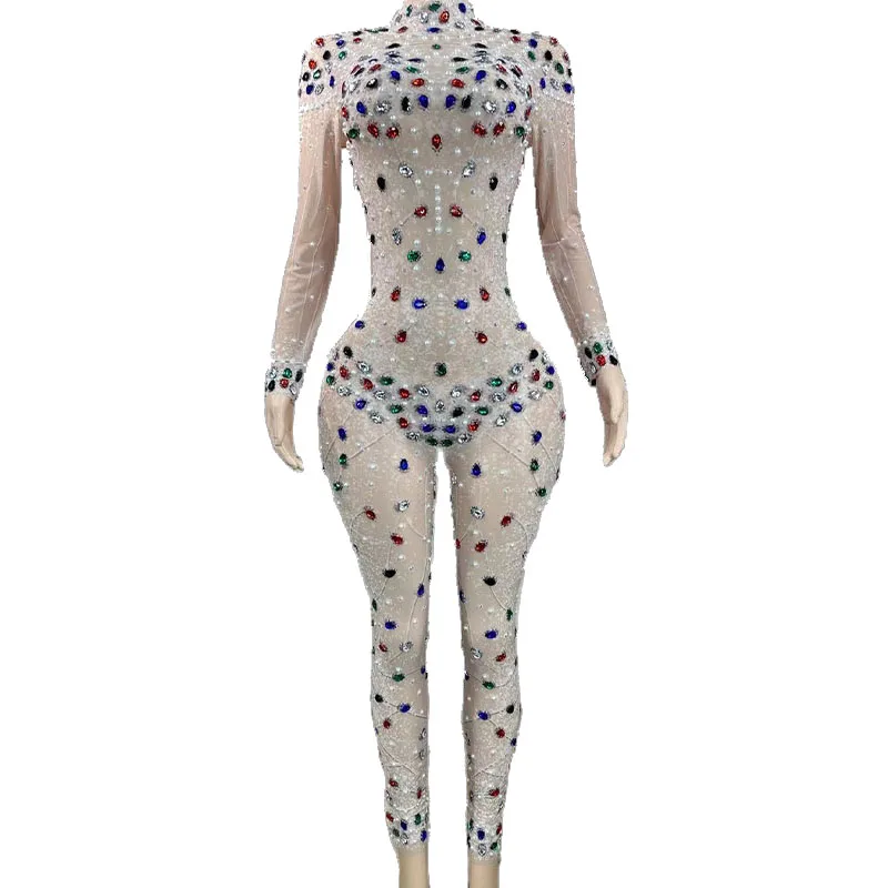 

Rhinestone Women Sexy Colorful Crystals Mesh Jumpsuit Mesh Birthday Wedding Performance Costume