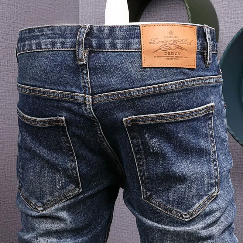 Fashion Streetwear Men Jeans Retro Blue Stretch Slim Fit Ripped Jeans Men Elastic Vintage Designer Denim Pencil Pants Hombre