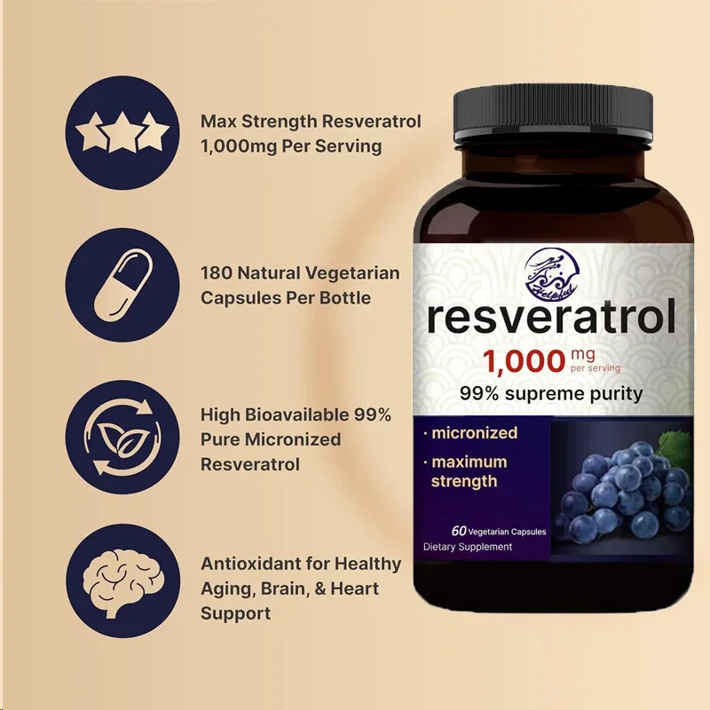 99% pure trans resveratrol 60 capsules, antioxidant, healthy aging, brain and heart support - non genetically modified