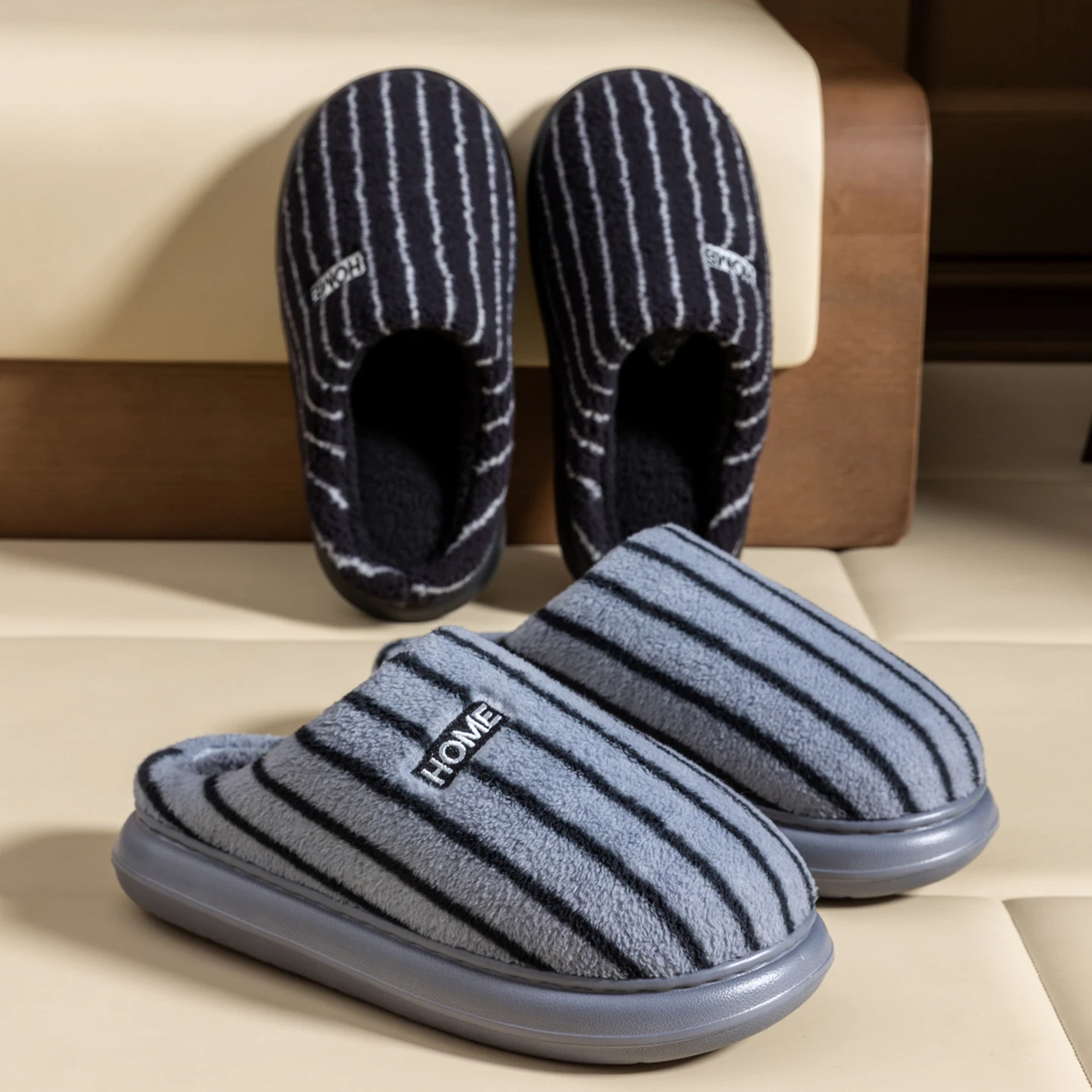 Men's Plush Slippers Winter Indoor Non-Slip House Shoes, Classic Striped Soft Sole Warm Comfortable Fuzz-Lined Slippers for Home