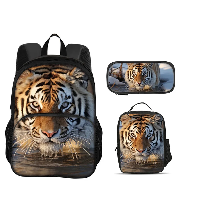 Tiger round front bag, backpack, pencil case, ice pack, 3Pcs set, animal print, best gift for boys and girls' school birthdays