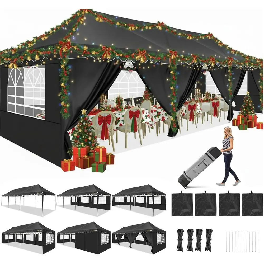 

10x30 Pop up Canopy Tent with 8 sidewalls Easy Commercial Outdoor Wedding Party Tents for Parties All Season Wind amp Waterp