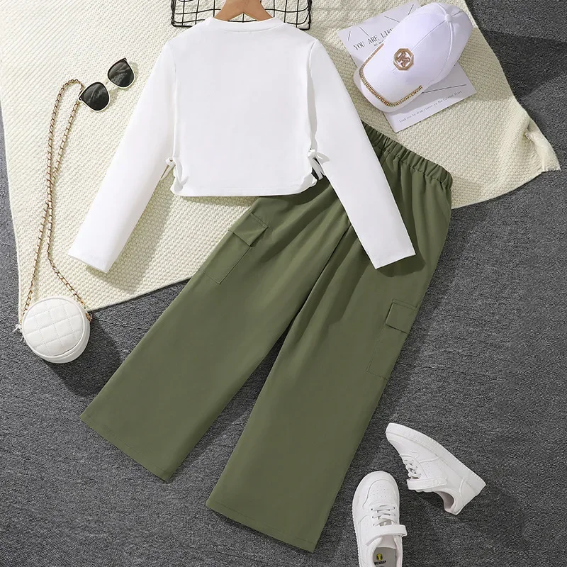 Spring Autumn Teen Girls Clothing Set Letter Print Long Sleeve Shirt+Wide Leg Overalls 2Pcs Suit For 8-12Y Kids Casual Outfit