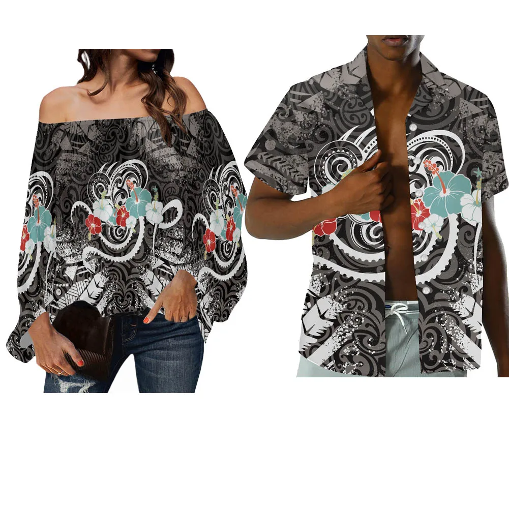 

HYCOOL Polynesian Off Shoulder Women Tops And Blouses Gray Tribal Print Casual Blouse For Women Summer Women's Blouses & Shirts