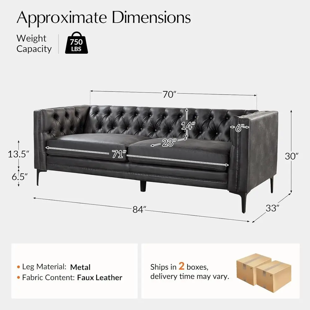 Sofá auxiliar de cuero de 84 anchos con patas de metal, 3 plazas capitoné con botones, sofá tapizado moderno del siglo para sala de estar, Charco