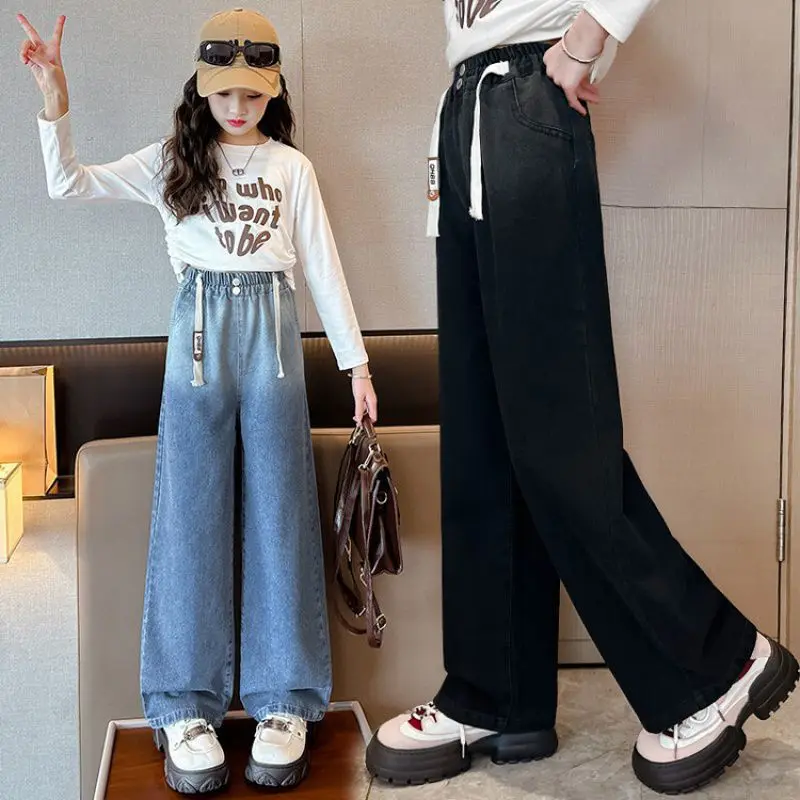 2023 New Girl Jeans 5-16 Years Girl Wide Leg Pants with Rope Elastic Waist Gradient Color Straight-Leg Pants Fashion Girls Pants