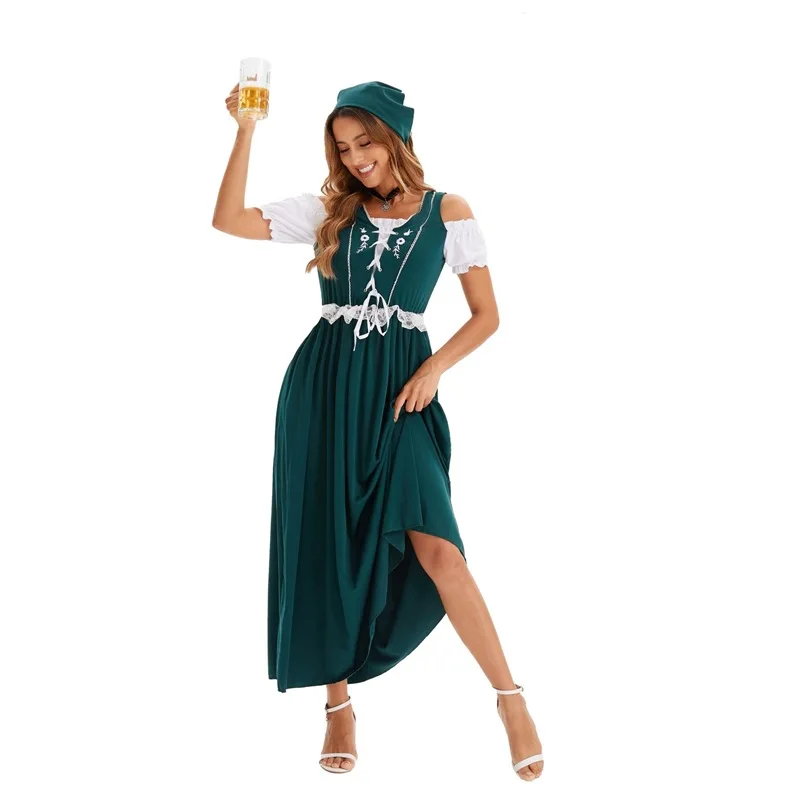 Oktoberfest Dress Women Munich Festival Sexy Maxi Dress Carnival Manor Full Headscarf Maid Dress Green Brown Red