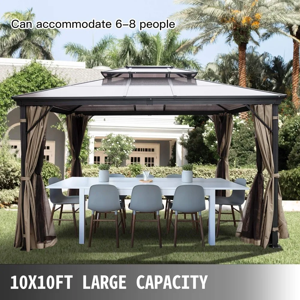 Patio Gazebo, Patio Canopy w/Double PVC Plastic Roof, Aluminum Frame with Curtains and Netting,10’ x 10’ Outdoor Gazebo Canopy