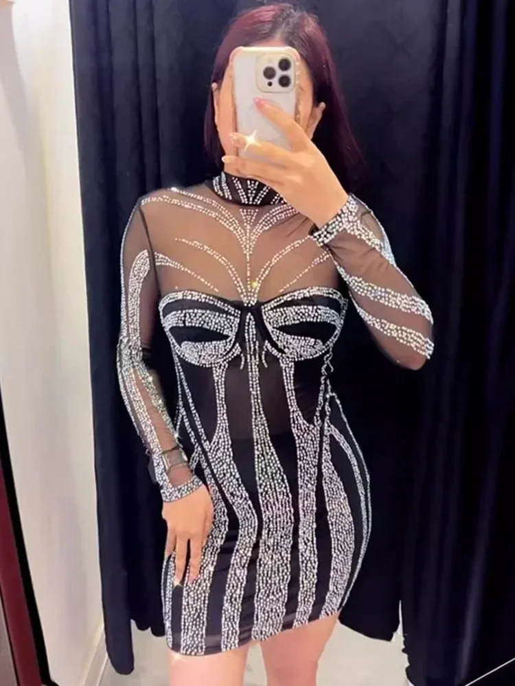 Brilhante diamantes strass vestidos de aniversário luxo feminino elegante noite festa malha retalhos sheer manga longa bodycon vestido