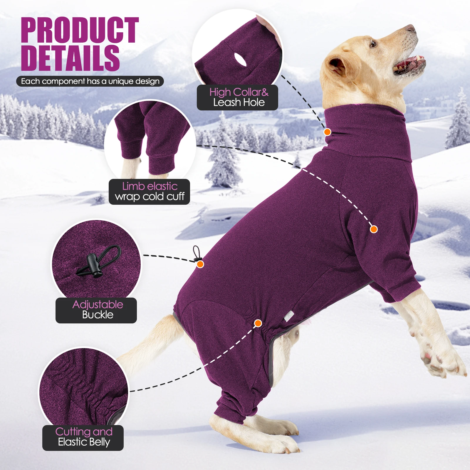 Windproof Warm Fleece Dog Clothes Winter High Collar Dog Overalls Jumpsuit for Large Dogs Adjustable Soft Undershirt with 4 Legs