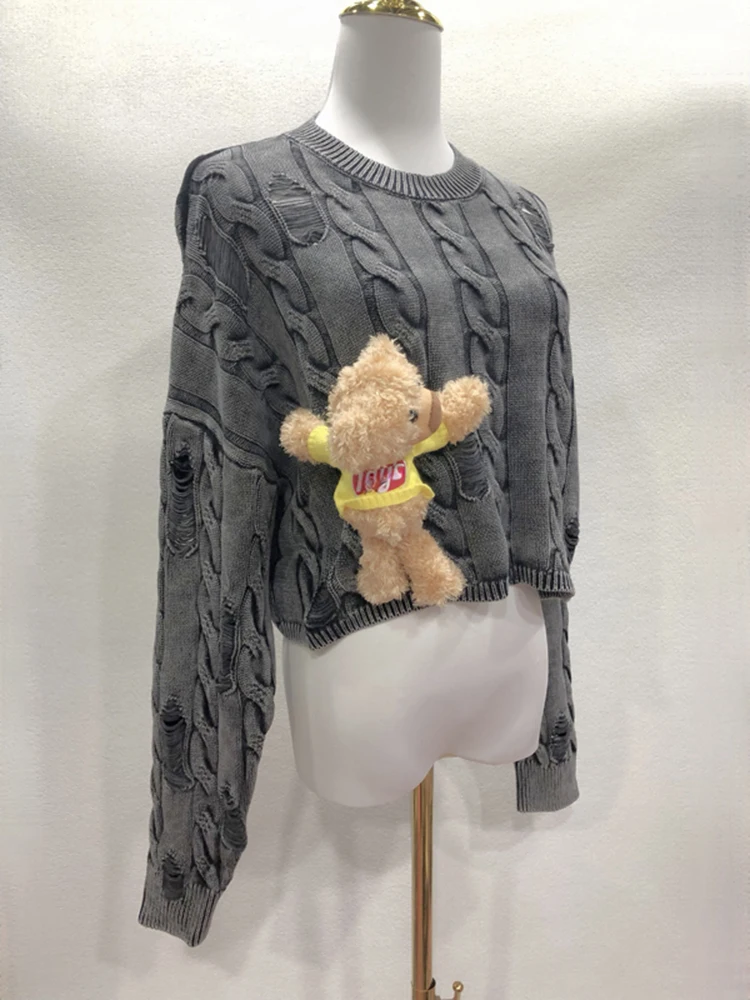 [oein] 2024 Women  Autumn New Three-dimensional Teddy Bear Doll Embroidered Letters Long Sleeved Sweater Short Loose Slimming