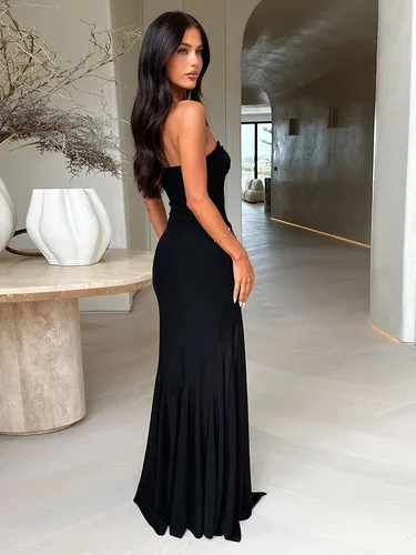 Imagen 2 del producto TARUXY-Vestido largo fruncido sin tirantes para mujer, vestido transparente con empalme de malla sin mangas y espalda descubierta, vestido ajustado de moda para vacaciones para mujer