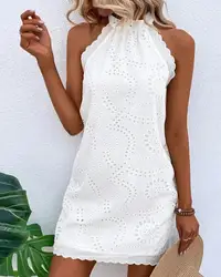 Vestido corto informal con bordado de ojales para mujer, minivestido blanco recto con cuello redondo y ribete de festón, moda de verano