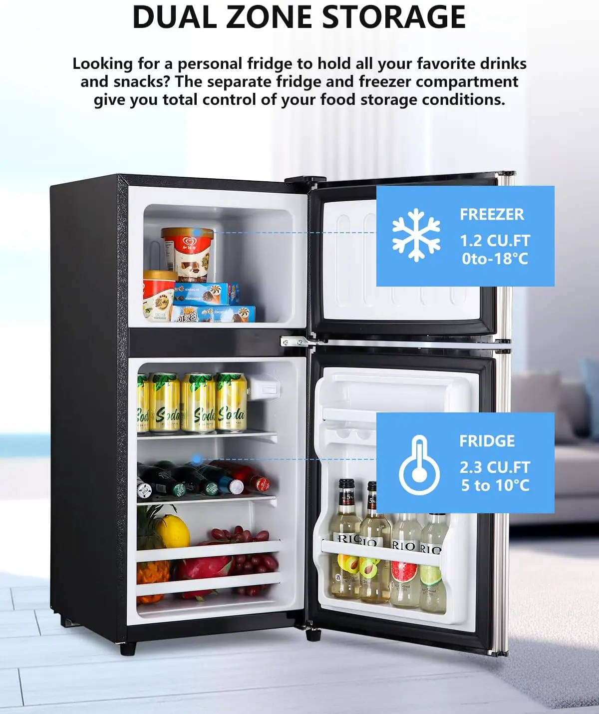 3.5Cu.Ft Compact, Small Refrigerator with freezer, Retro Fridge with Dual Door, 7 Level Adjustable Thermostat for