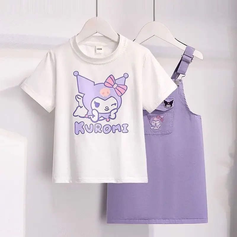 

Sanrio Kuromi Skirt Suit Summer Teen Girls Short-Sleeved Cartoon T-shirt Tops+dress 2Pce Set Preppy Dress Children birthday gift