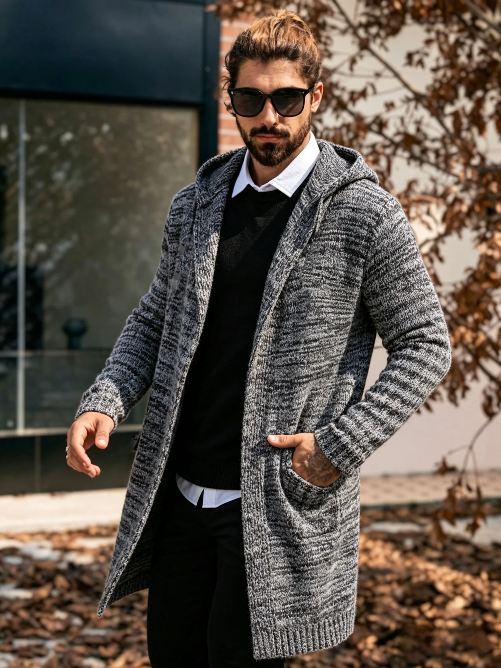 Herren Langer Kapuzen-Strickcardigan mit Offener Front, Pullover-Mantel mit Taschen, Lässiger Loser Langarm-Strickpullover für Herbst und Winter – Detail 4