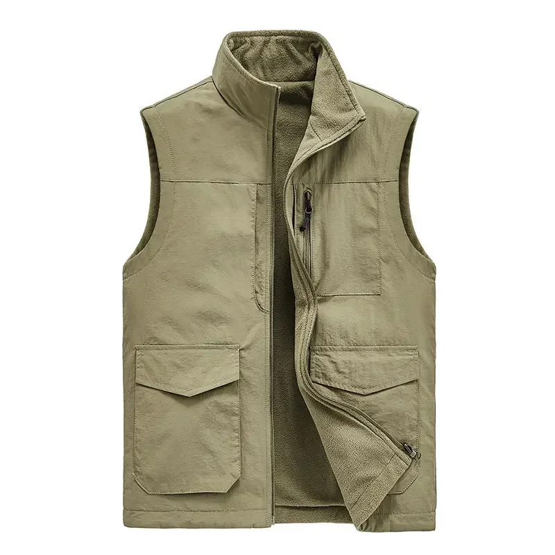 2024 New Mens Vest Fashion Plush Two Sided Wear with Multiple Pockets Loose Casual Warmth Large Outdoor Fishing Tank Top