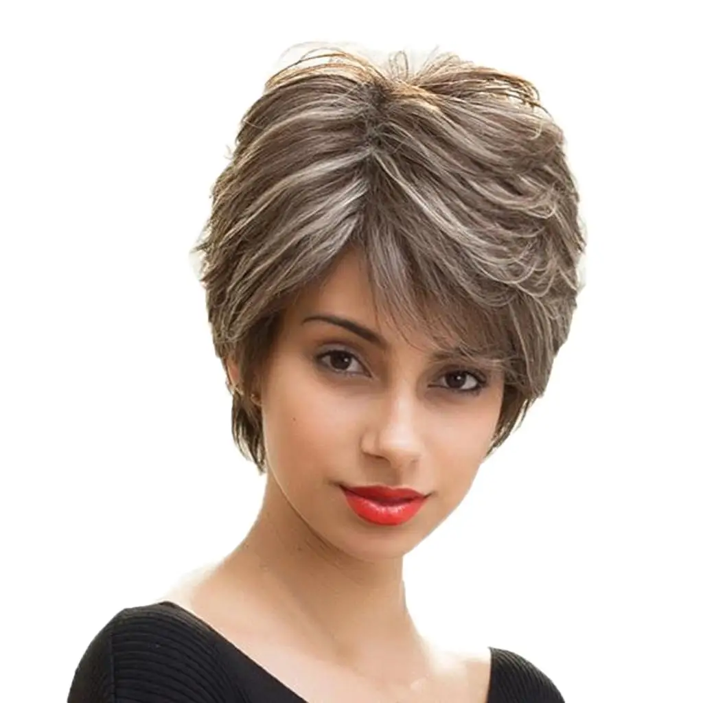 Women's Short Straight Brown with Silver Highlights Real Hair Wigs for Women