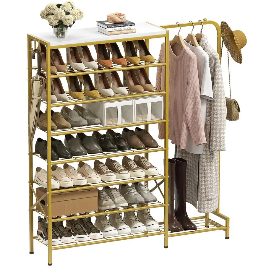 

Rack with Coat Rack, 8 Tier Tall Shoe Storage Organizer with Hooks, 3in1, Wooden Top Shelf, Sturdy Frame, Metal Clothes Hanger S