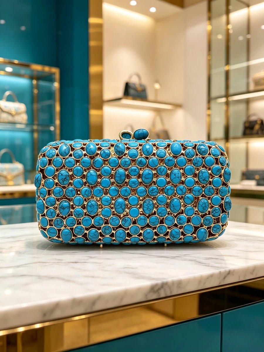 

Vintage Turquoise Water Drop Stone Rectangle Rhinestone Clutch Luxury Evening Purse Mature Women Wedding Banquet Ethnic Formal