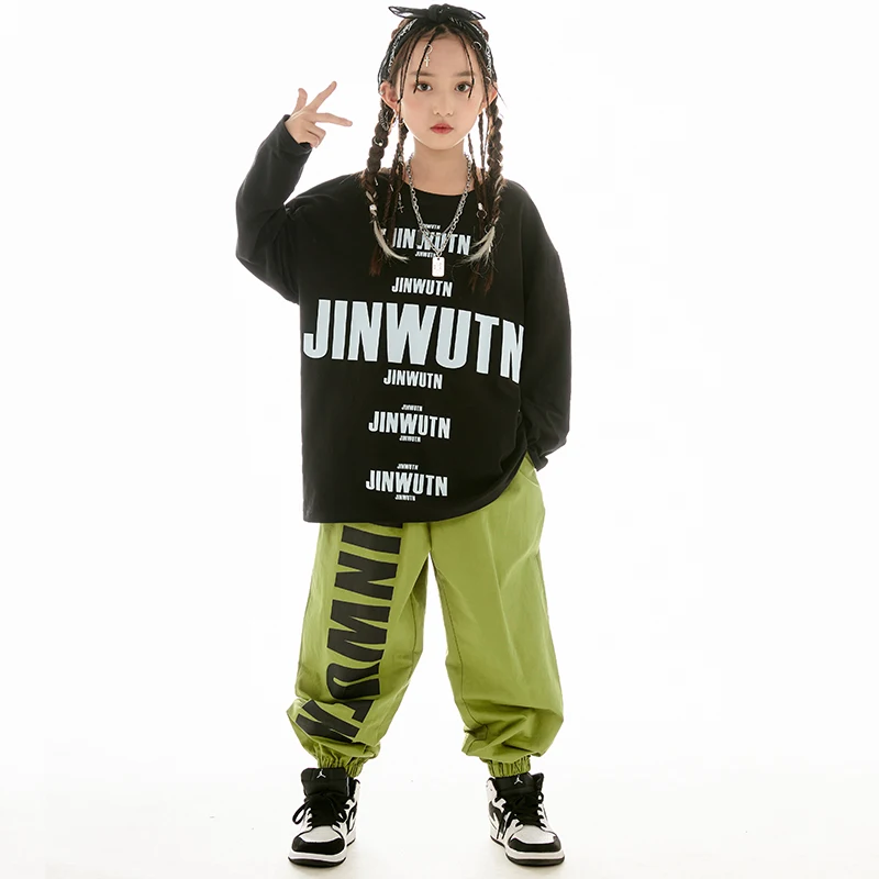 Girls Jazz Dance Clothes Hip Hop Dance Costume Kids Long Sleeves Tops Gree Pants Boys Drum Street Dance Performance Wear BL11506