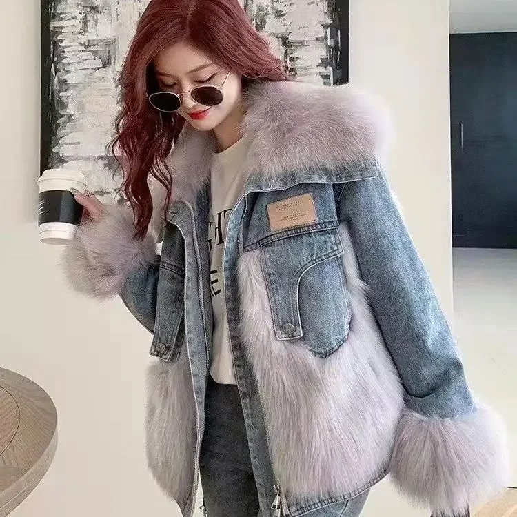 Winter Denim Stitching Faux Mink Fur Jacket Plus Velvet Thickening Warm Fox Fur Jean Coat Cotton Padded Liner Ins Cardigan Tops