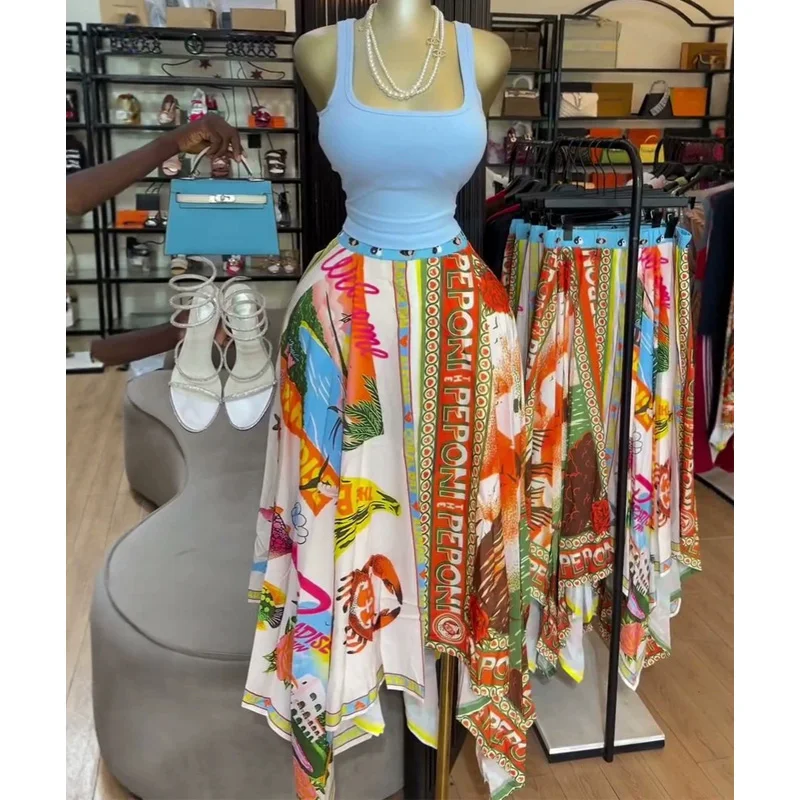 Sommerlicher Damen-Maxirock mit hoher Taille, Blumenmuster, asymmetrischem Saum und buntem Streifenborte