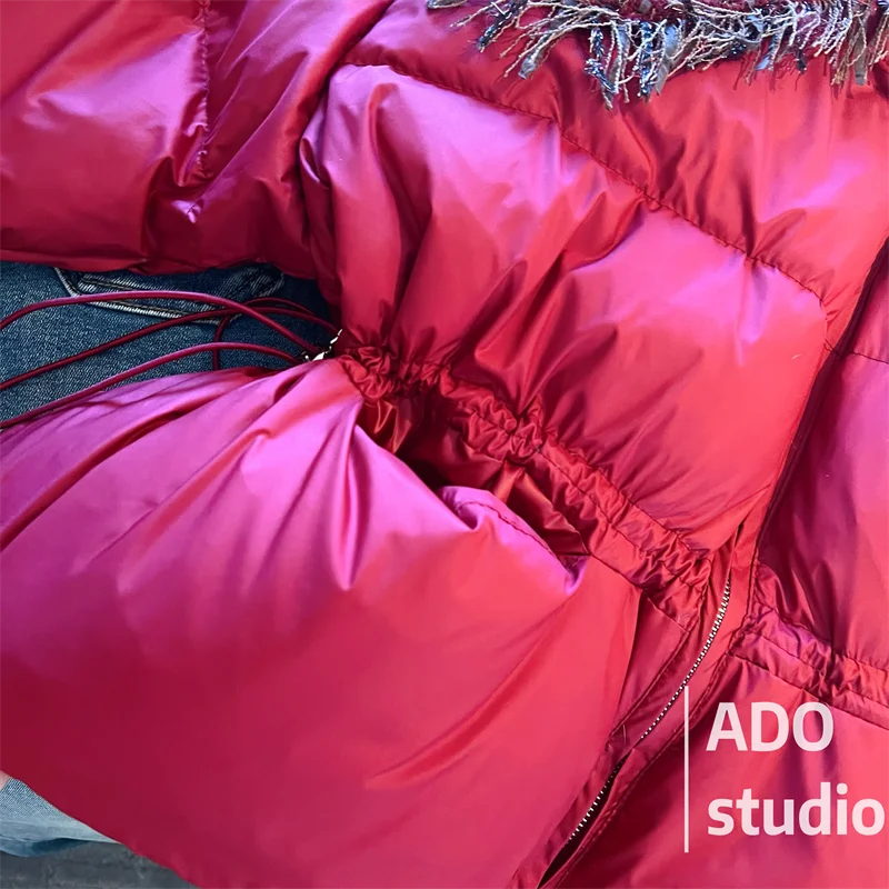 Chaqueta de plumón roja con cuello de muñeca para mujer, abrigo suelto y dulce, versátil, estilo francés, novedad de invierno, 2023