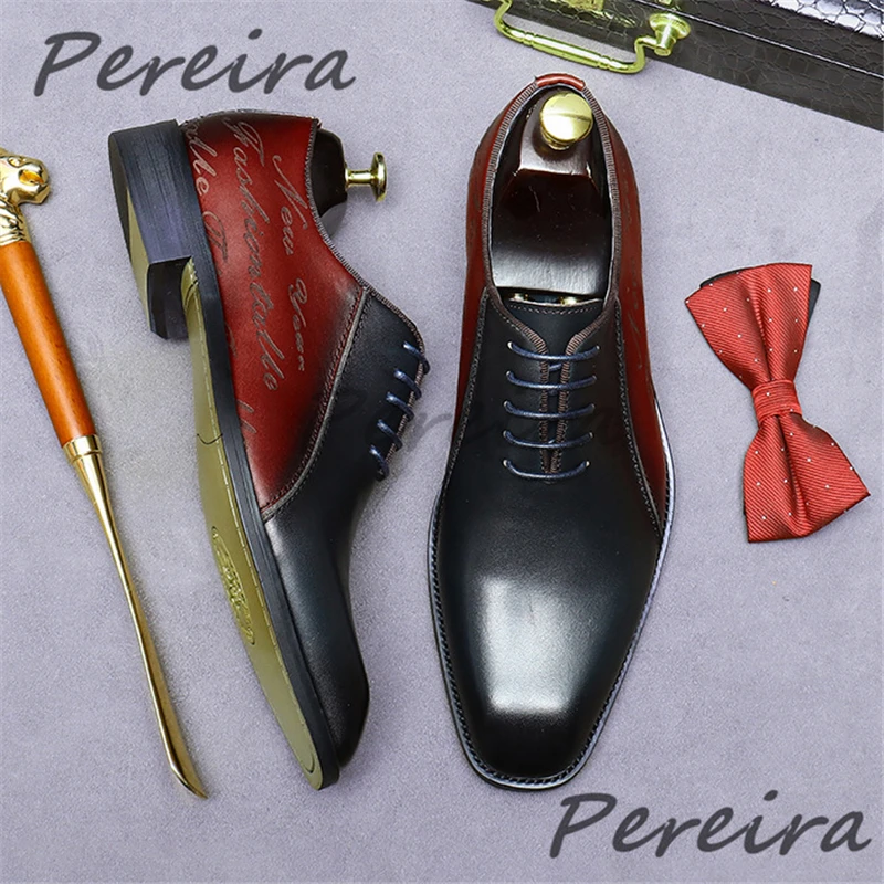 

Retro Letters Mixed Colors Cowhide Oxfords British Style Square Toe Genuine Leather Casual Business Shoes Wedding Men's Shoes