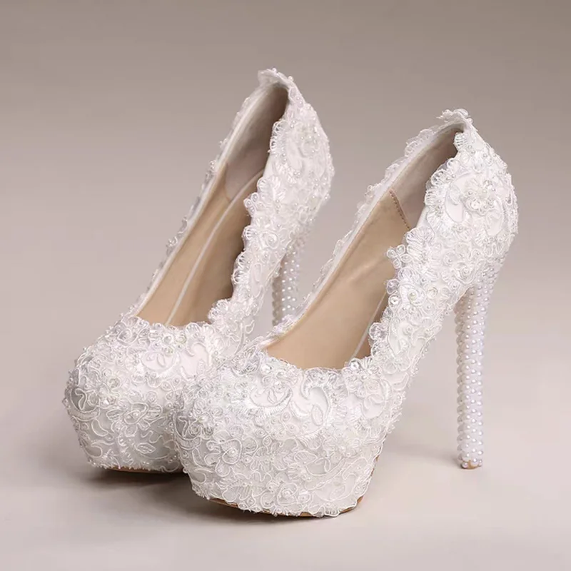 Pearl High Heel Ladies Shoes Pointed Toe Stiletto White Lace Wedding Evening Bridal Platform Dress Party Luxury Women Shoes