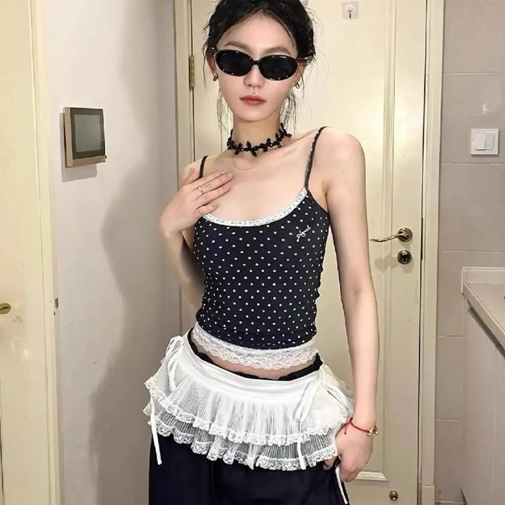 กระโปรงมินิสั้นลูกไม้สไตล์บัลเล่ต์เกาหลี Y2k กระโปรงระบายเอวสูงทรงบัตเตอร์เคาน์เตอร์สำหรับผู้หญิง