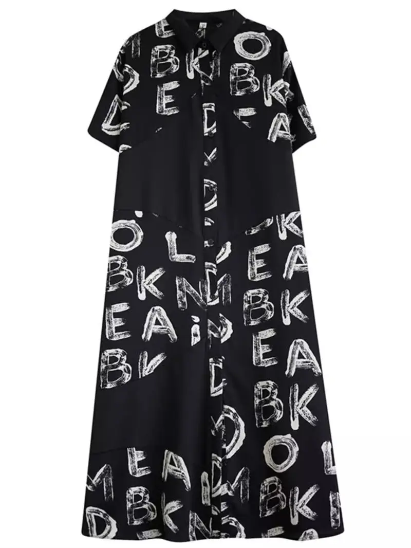 Vestido solto irregular de retalhos feminino, camisa estampada em letras, tamanho grande, roupa artística, roupa casual de verão, elegante, K996