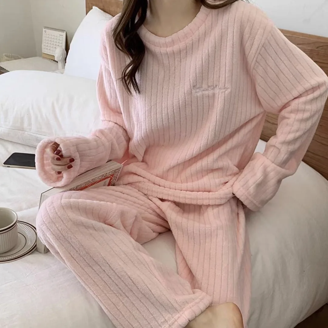 Solid round neck simple coral fleece pajamas for women winter warm velvet casual loose pullover + long pants 2pcs Pajama sets