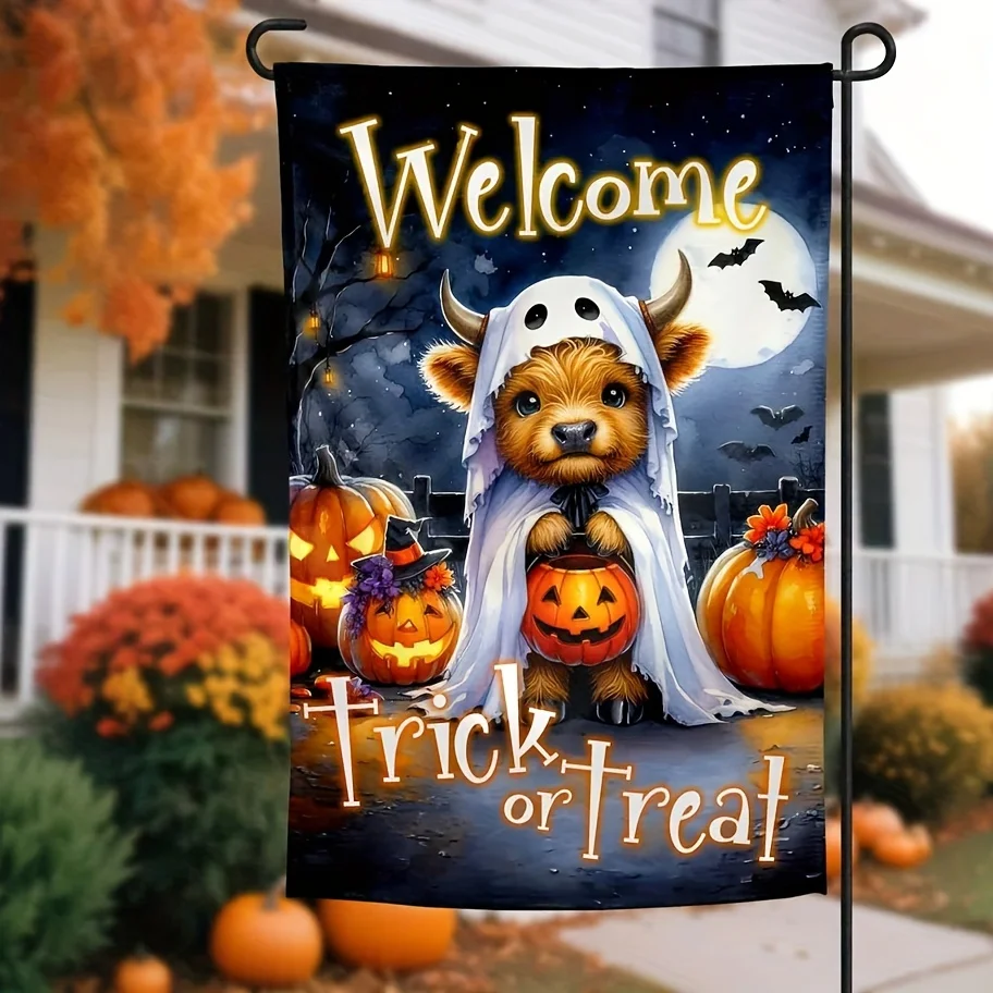 Highland Cattle Halloween Garden Flag - Double-Sided, Watercolor Country Design for Patio & Lawn Decor, Durable Polyester, 12x18 or 28x40 Inch (Flag Only)