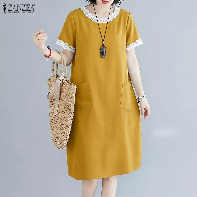 

Women Lace Patchwork Knee-Length Dress O-Neck Short Sleeve Pockets Solid Color Loose Dresses ZANZEA Summer Everyday Wear Robes
