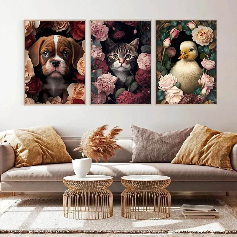 Lovely Pets In Roses Posters Duckling Chick Puppy Cat Prints Canvas Printing Vintage Wall Art Picture for Living Room Home Decor