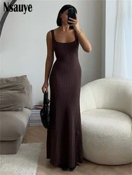 Nsauye Knitted Elegant Women Sexy Backless Beach Dress Club Party Night 2024 Spring Summer Female Backless Vacation Long Dresses