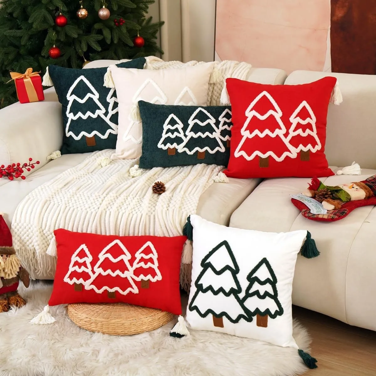Moderner Sofa-Dekokissenbezug mit Stickerei, 1/2 Stück, 30x50cm 45x45cm, Weihnachtsbaum-Muster, Geschenk-Kissenbezug mit Quasten