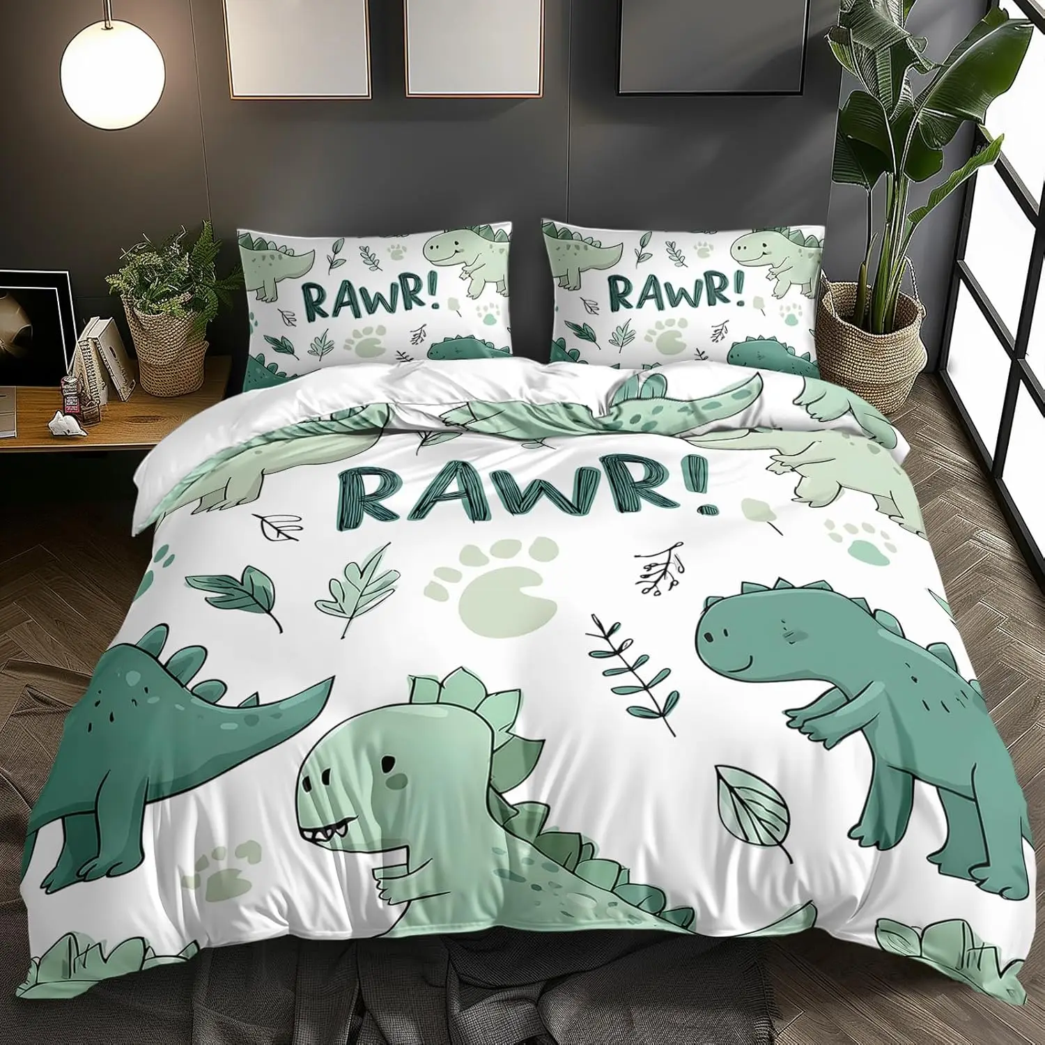 Dinosaur Duvet Cover Set Queen Twin Size,3Pcs Cartoon Dino Print Bedding Set for Kids Boys Room,Soft Microfiber Comforter Cover