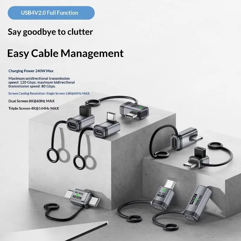 USB4 Straight Angle PD 240W 5A USB C To Type C: Charging Converter Data Adapter Hanging Rope