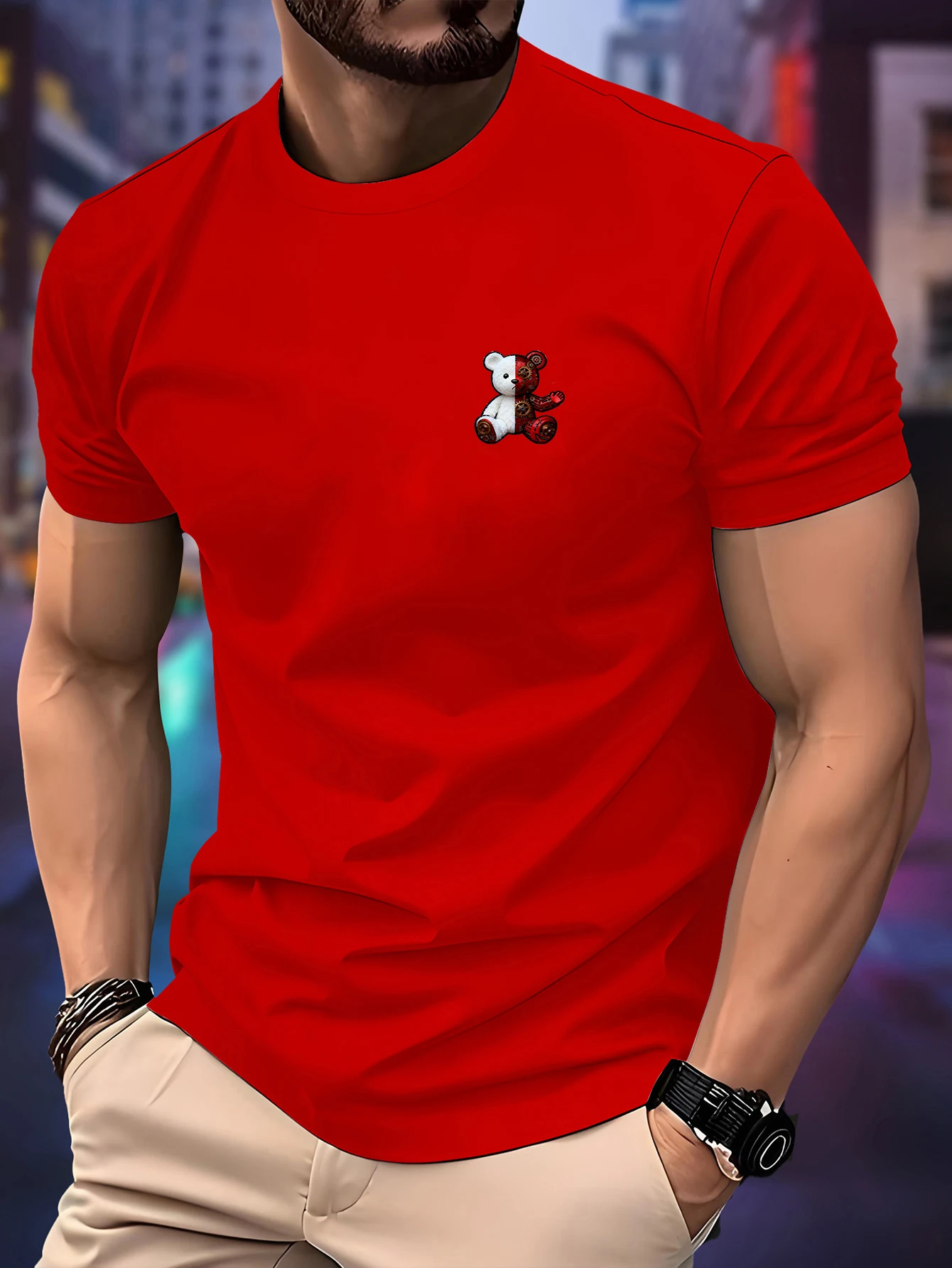 

Men's Summer Essential Mechanical Bear Printing Printed T-Shirt Soft & Breathable Round Neck Short Sleeve Tee Unisex Casual Wear