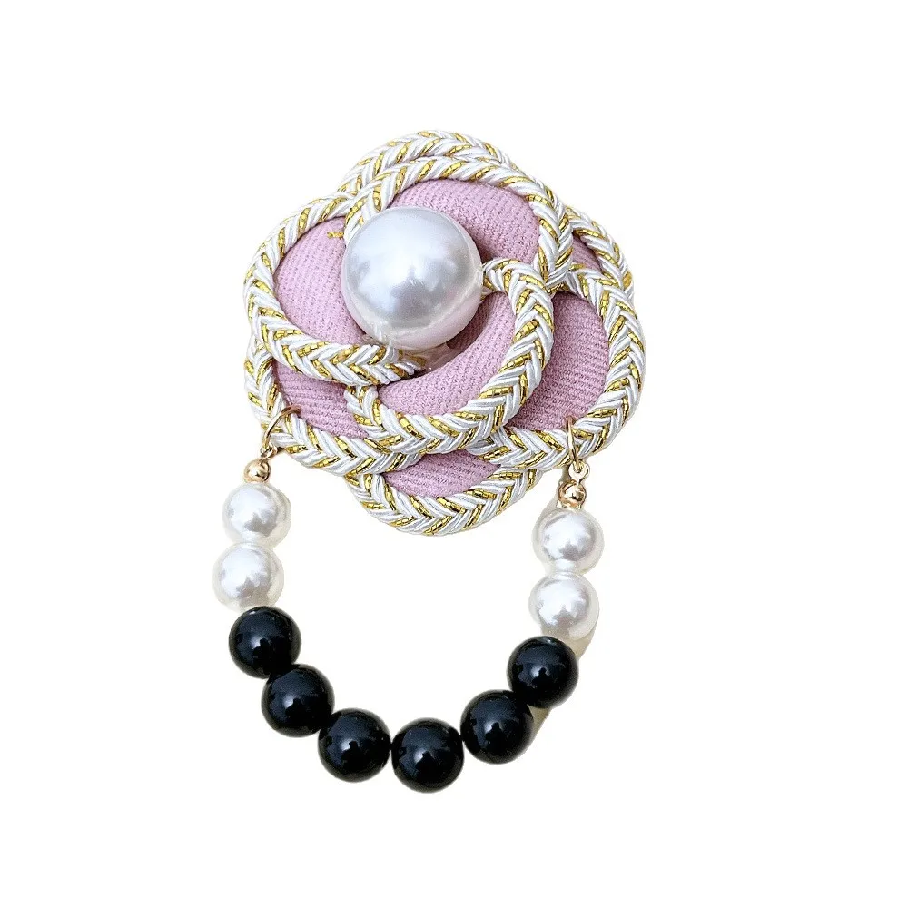 New Camellia Coarse Woolen Flower Brooch High-end Bead Fabric Rose Suit Coat Sweater Accessories Pin