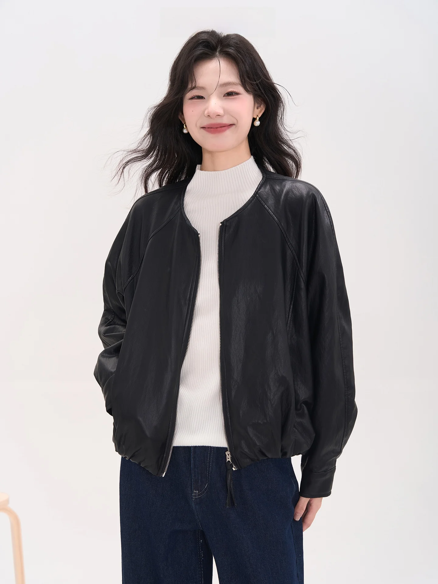 エレブラ ジッパー ラウンド ネ レザー ジェット レディース アウター ヘム オキシジェン デイリー スレ 通勤 ファイオン PU レザー コート